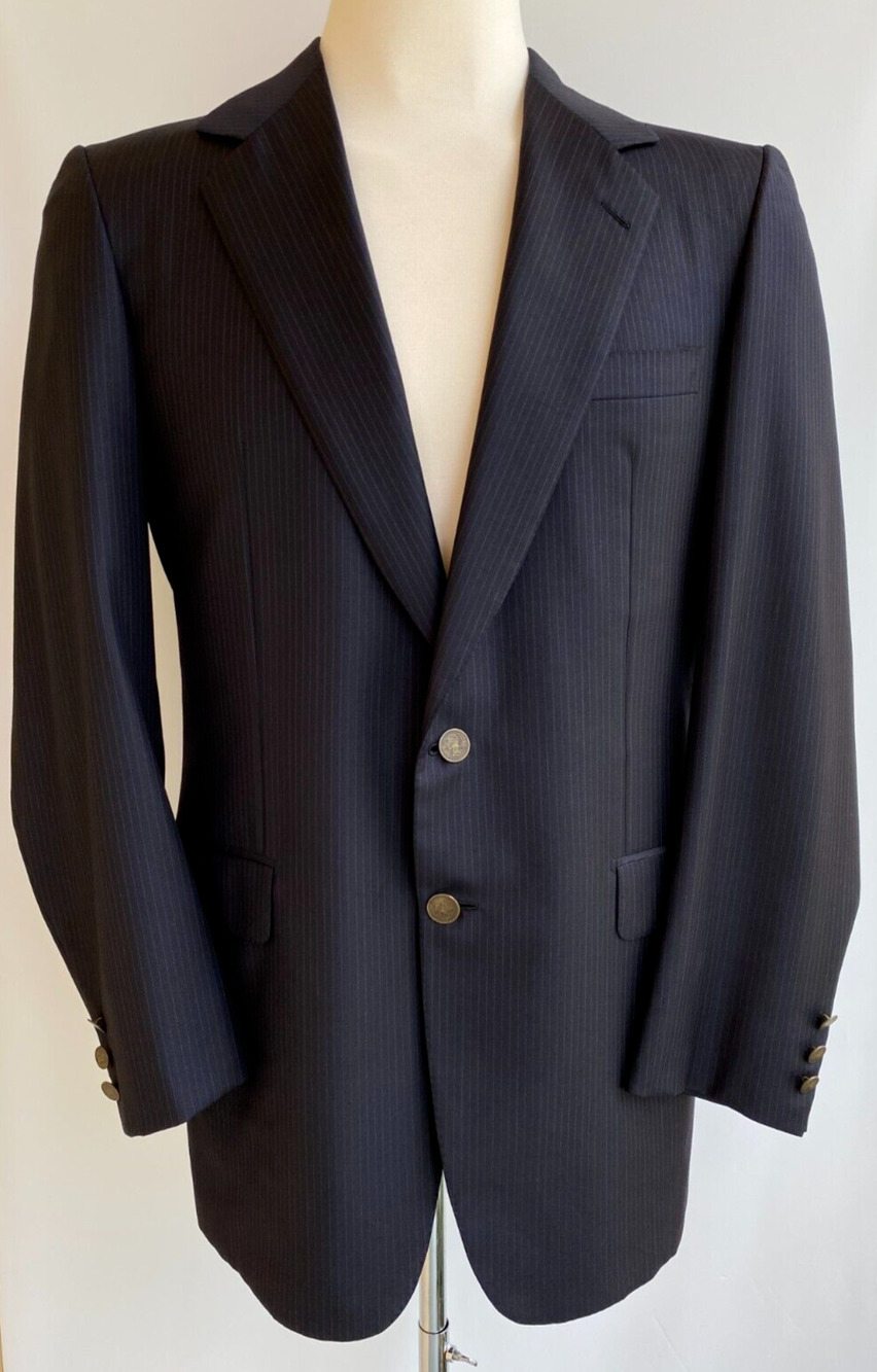Brioni Barney's NY Sport Coat Blazer Charcoal Pinstripe Wool Metal Button sz 40L